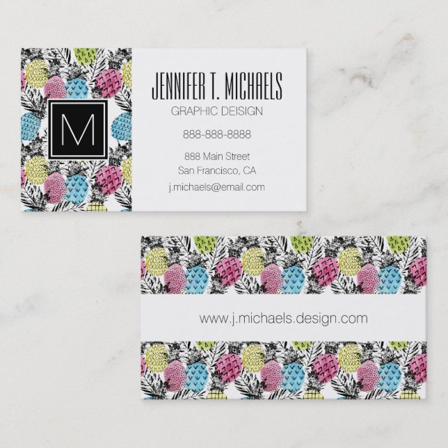 Carte De Visite Monogramme grunge des paumes | d'ananas (Devant / Derrière)