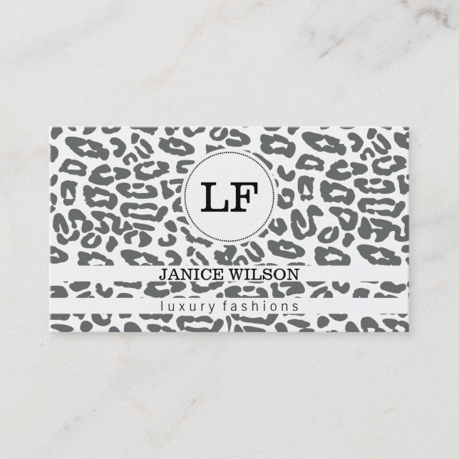 Carte De Visite Monogramme | Impression Cheetah (blanc) (Devant)