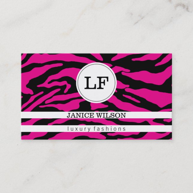 Carte De Visite Monogramme | Impression Zebra (rose chaud) (Devant)