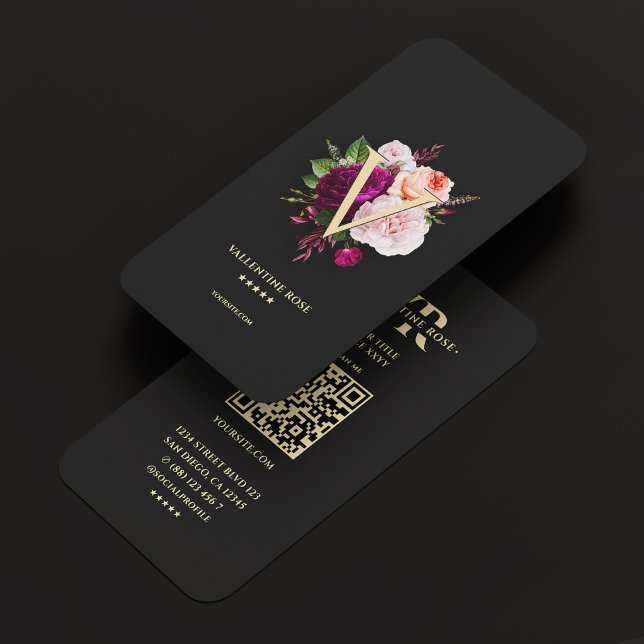 Carte De Visite Monogramme initial Rose floral élégant noir (Monogram Initial Elegant Floral Rose Black Gold Business Card
)