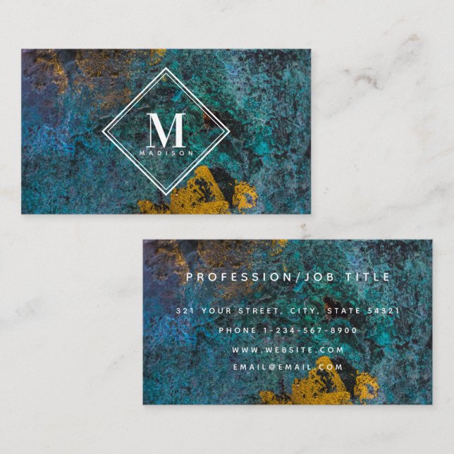 Carte De Visite Monogramme Initial Texturé Métallisé Or Bleu Rouil (Devant / Derrière)