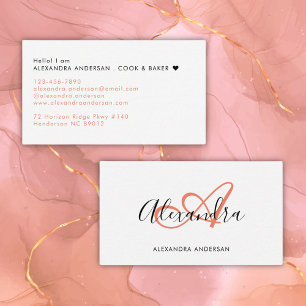Carte De Visite Monogramme Initiale en Écriture Nom Rose Corail