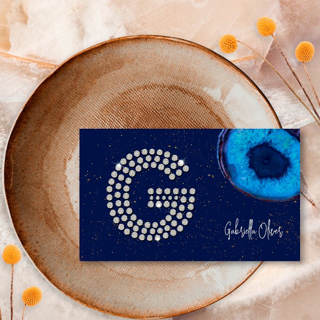Carte De Visite Monogramme initiale G lettre agate bleue diamant c (Créateur téléchargé)