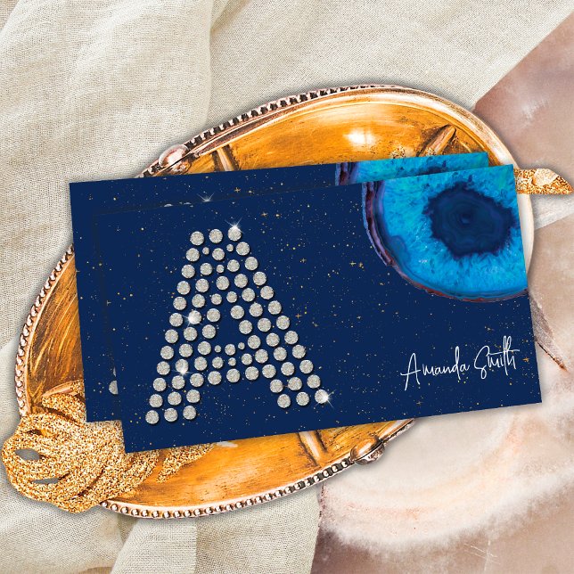 Carte De Visite Monogramme initiale lettre A en agate bleue diaman (Front)
