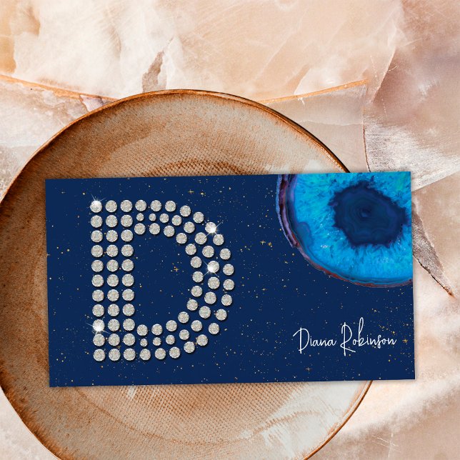 Carte De Visite Monogramme initiale lettre D en agate bleue diaman (Front)