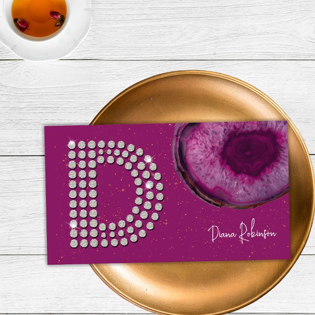 Carte De Visite Monogramme initiale lettre D en agate prune diaman (Front)