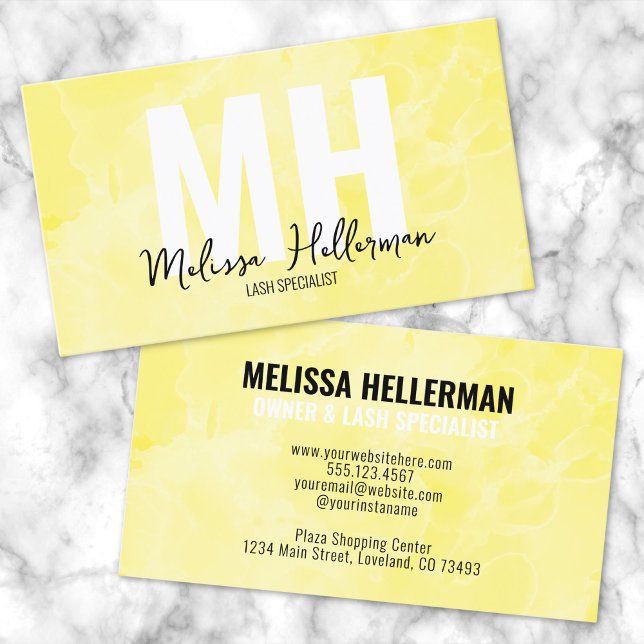 Carte De Visite Monogramme jaune aquarelle moderne (Modern Watercolor Yellow Monogram Business Card)