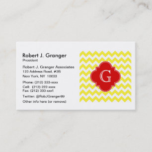 Carte De Visite Monogramme jaune blanc Chevron rouge Quatrefoil