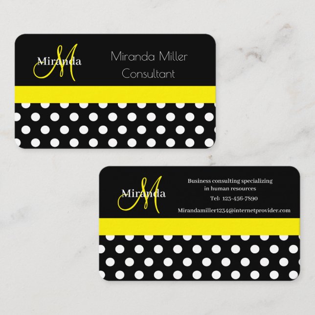 Carte De Visite Monogramme jaune noir blanc Polka point (Devant / Derrière)