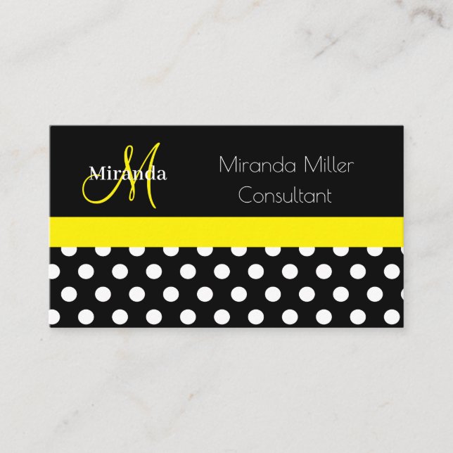 Carte De Visite Monogramme jaune noir blanc Polka point (Devant)