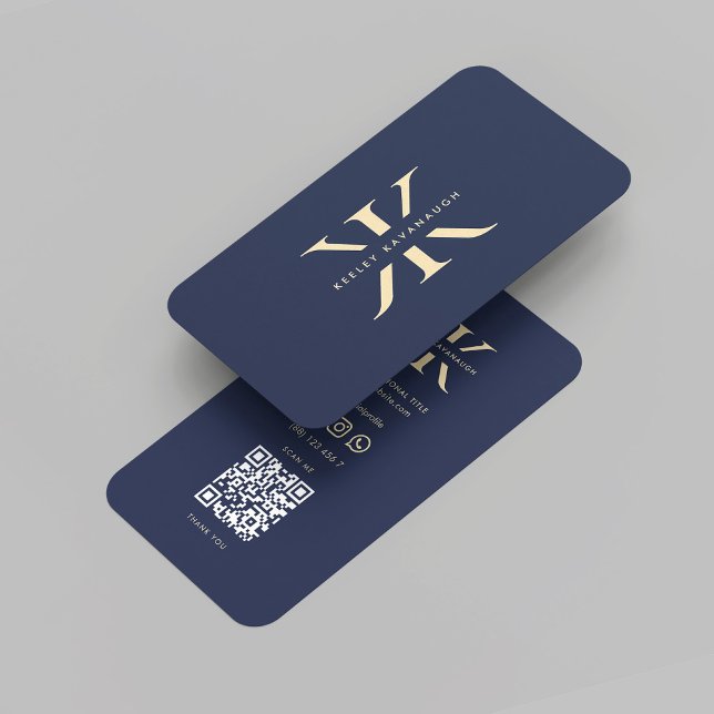 Carte De Visite Monogramme K Logo Professionnel bleu foncé (Modern Monogram K Reversed Initials Professional Dark Blue Gold Elegant Logo QR code Business Card
)