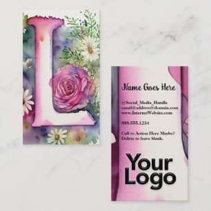 Carte De Visite Monogramme L Floral Rose Watercolor Logo de la soc