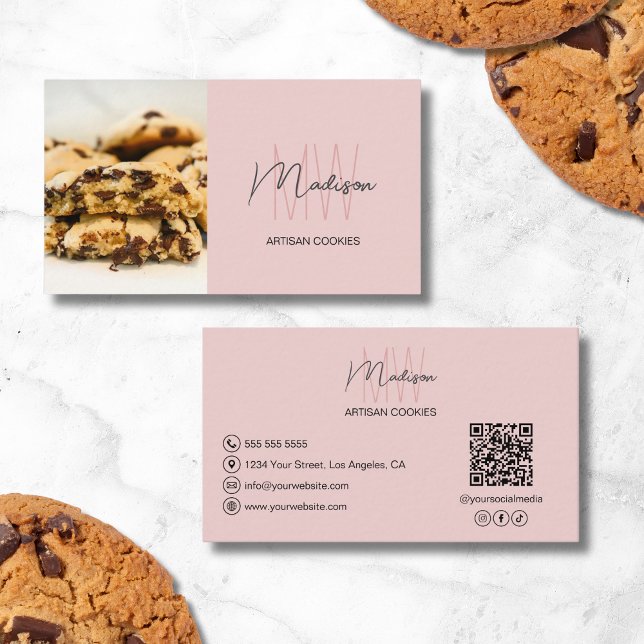 Carte De Visite Monogramme Logo Boulangerie biscuits QR Rose (Monogram Logo Cookies Bakery QR Pink Business Card)