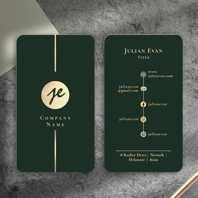Carte De Visite Monogramme Luxe de style manuscrit vert foncé mode (Modern Dark Green Gold Luxe Handwriting Monogram Business Card)