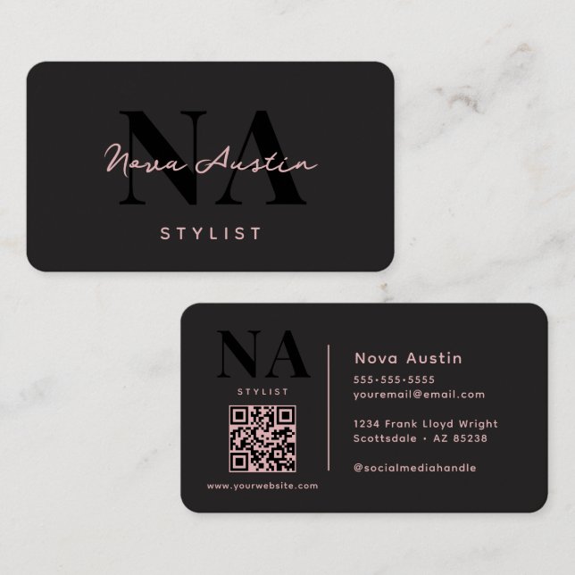 Carte De Visite Monogramme Luxe Tendance Esthétique Code QR Rose N (Devant / Derrière)