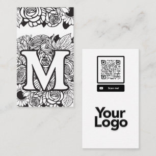 Carte De Visite Monogramme M Noir et Blanc Floral QR Code Logo
