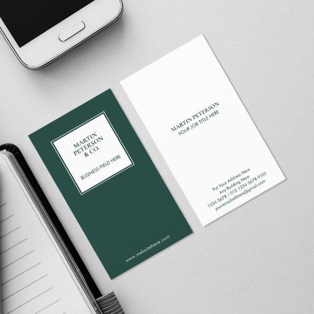 Carte De Visite Monogramme minimal | Cadre blanc sur Vert foncé (Créateur téléchargé)