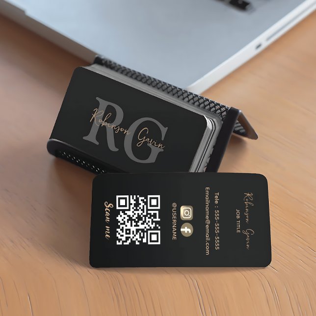 Carte De Visite Monogramme minimal élégant Code QR noir (Minimal Elegant Monogram Black QR Code Business Card)