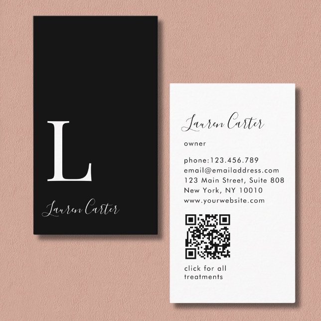 Carte De Visite Monogramme minimal moderne noir QR Code (Modern Minimal Monogram Black QR Code Business Card)