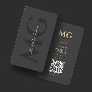 Carte De Visite Monogramme minimaliste élégant gris foncé QR