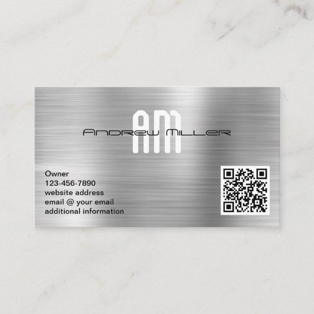 Carte De Visite Monogramme Moderne Ajouter un Code QR Métal Brossé (Devant)