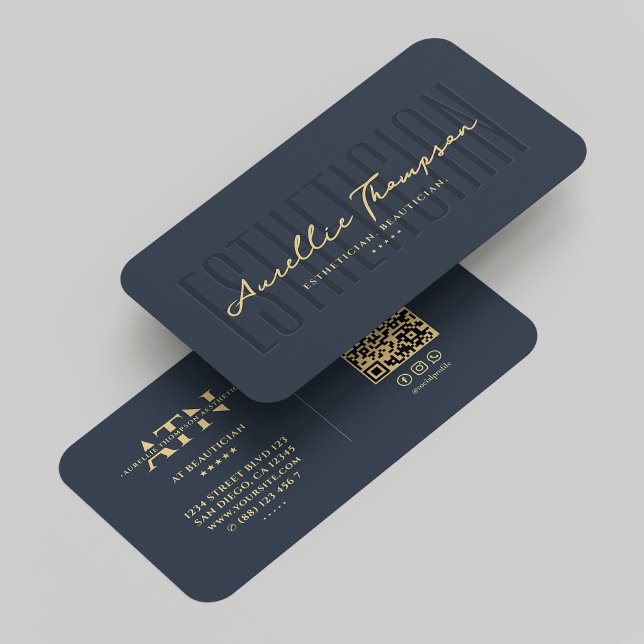 Carte De Visite Monogramme moderne Beautician Esthetician Blue Gol (Modern Monogram Beautician Esthetician Blue Gold Business Card
)