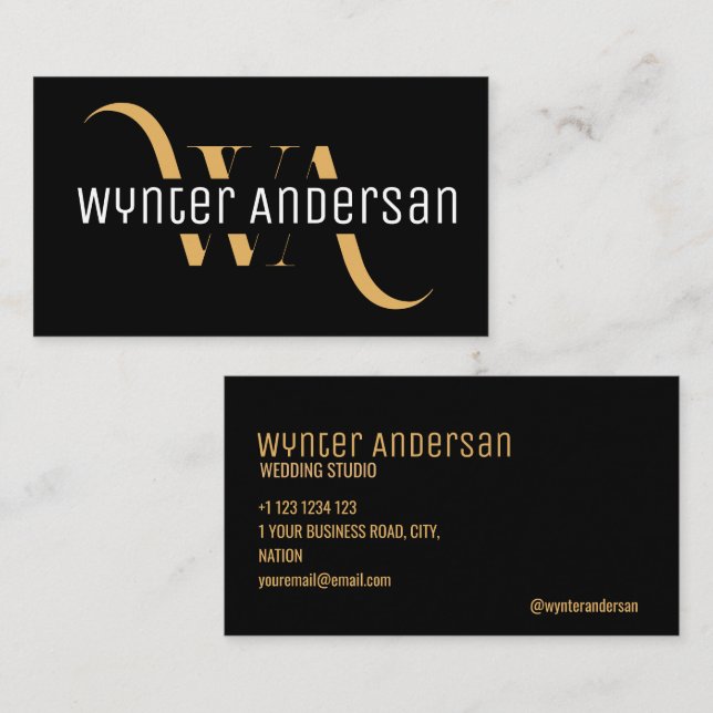 Carte De Visite Monogramme moderne Black Gold Chic Minimal Personn (Devant / Derrière)