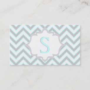 Carte De Visite monogramme moderne bleu clair, gris chevron