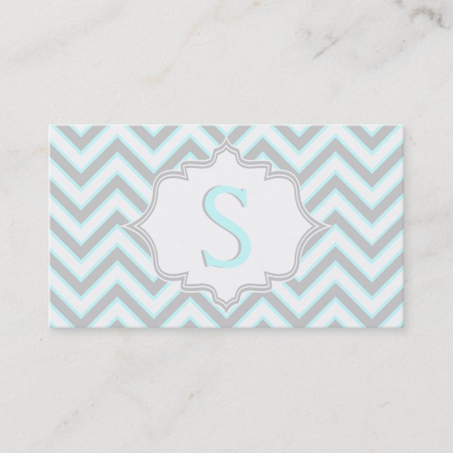 Carte De Visite monogramme moderne bleu clair, gris chevron (Devant)