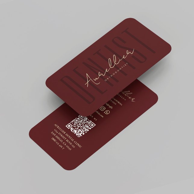 Carte De Visite Monogramme moderne Dentiste noir marron rouge or (Modern Monogram Dentist Dark Red Maroon Gold Business Card
)