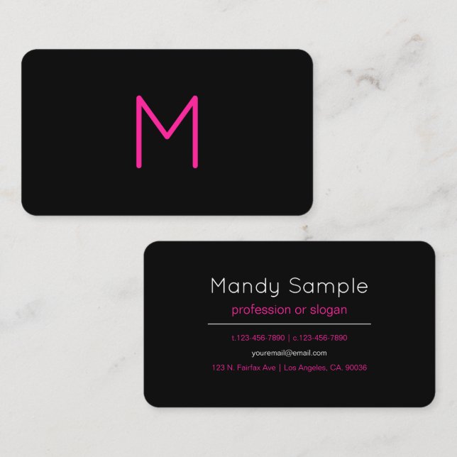 Carte De Visite Monogramme moderne éditable rose et noir (Devant / Derrière)