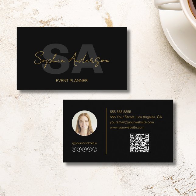 Carte De Visite Monogramme moderne élégant Black Gold Professional (Modern Elegant Monogram Black Gold Professional Business Card)