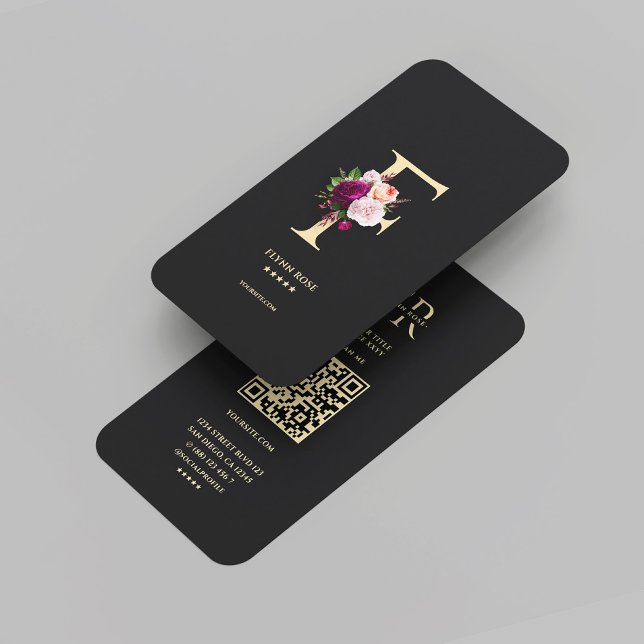 Carte De Visite Monogramme moderne élégant F Rose floral noir (Modern Elegant Monogram F Floral Black Gold Business Card
)