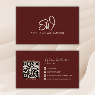 Carte De Visite Monogramme moderne élégant QR Code minimal brique 