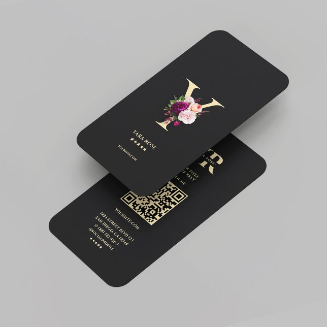 Carte De Visite Monogramme moderne élégant Y Floral Black Gold (Modern Elegant Monogram Y Floral Black Gold Business Card
)