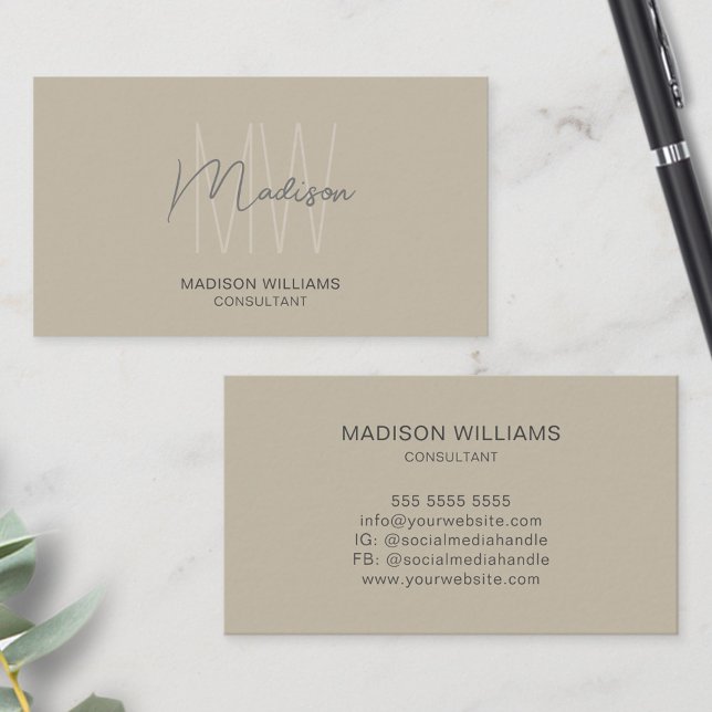 Carte De Visite Monogramme moderne Logo Beige Consultant (Modern Monogram Logo Beige Consultant Business Card)