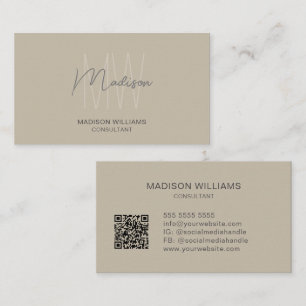 Carte De Visite Monogramme moderne Logo QR Code Beige Consultant