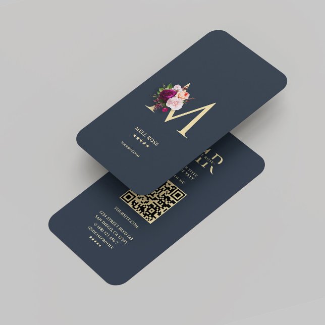 Carte De Visite Monogramme moderne M Floral Bleu foncé Or (Modern Monogram M Floral Dark Blue Gold Business Card
)