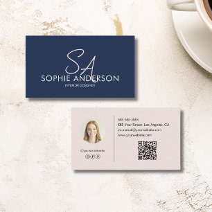 Carte De Visite Monogramme Moderne Photo Bleu Marine Professionnel