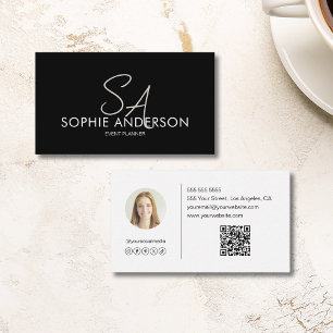 Carte De Visite Monogramme moderne photo QR noir et blanc