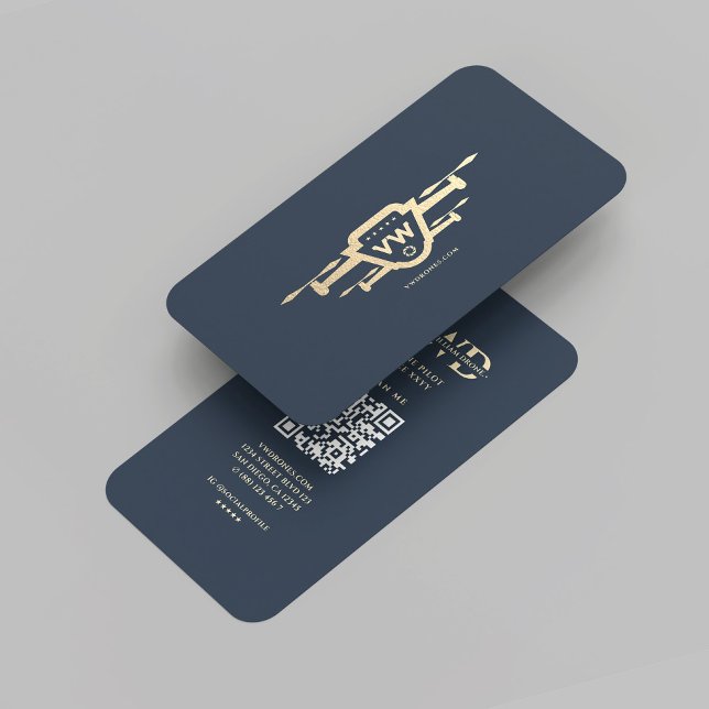 Carte De Visite Monogramme moderne Pilote de drone Bleu foncé Or (Modern Monogram Drone Pilot Dark Blue Gold Business Card
)