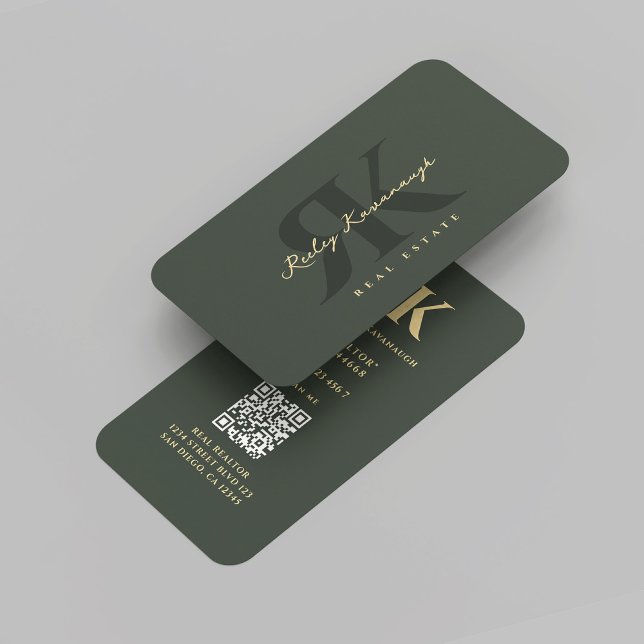 Carte De Visite Monogramme moderne R K Vert foncé (Modern Realtor Monogram R K Dark Green Professional Real Estate Agent Marketing Business Card
)