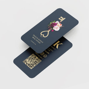 Carte De Visite Monogramme Moderne Realtor Floral Key Immobilier