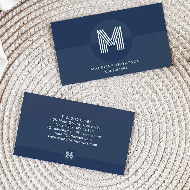 Carte De Visite Monogramme moderne rétro Marine bleu blanc géométr (Créateur téléchargé)