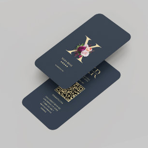 Carte De Visite Monogramme moderne X Floral Bleu foncé Or
