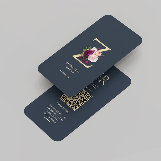 Carte De Visite Monogramme moderne Z Floral Bleu foncé Or (Modern Monogram Z Floral Dark Blue Gold Business Card
)
