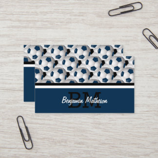 Carte De Visite Monogramme Motif de balle de soccer bleu foncé