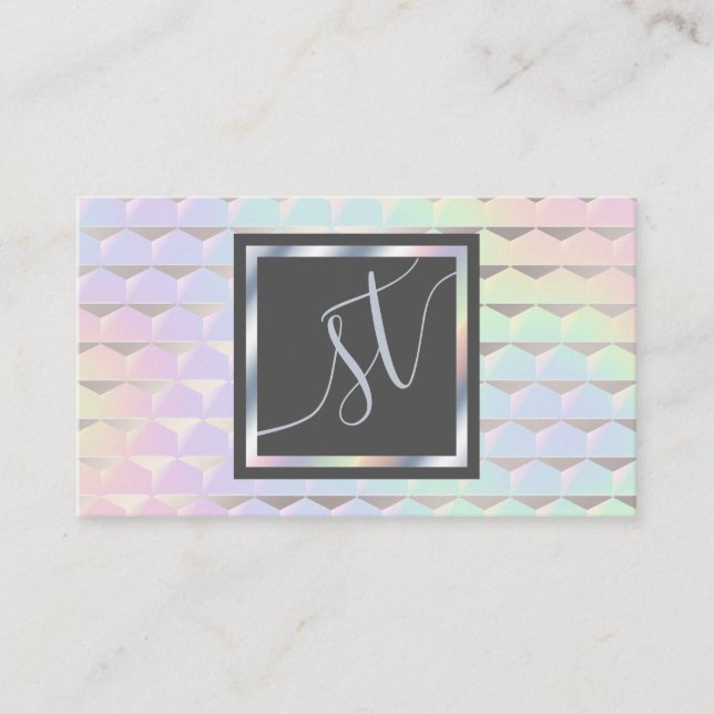 Carte De Visite Monogramme Motif holographique Iridescente Faux (Devant)