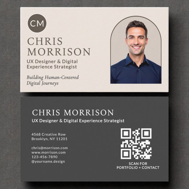 Carte De Visite Monogramme neutre professionnel QR Code photo (Créateur téléchargé)