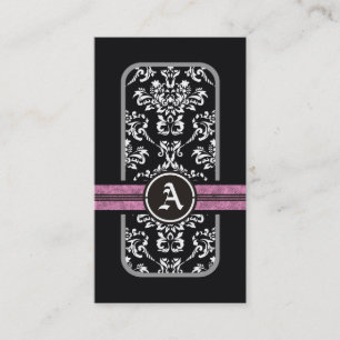 Carte De Visite monogramme noir blanc damassé rose